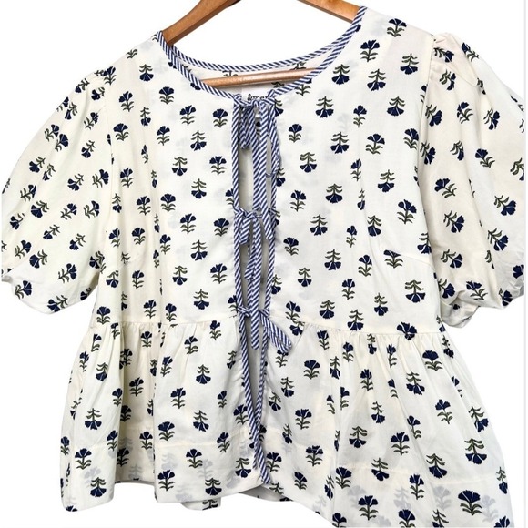 &Merci Puff Sleeve Peplum Blouse Women's Size L Blue Boho Floral Print Tie Neck - Picture 4 of 8
